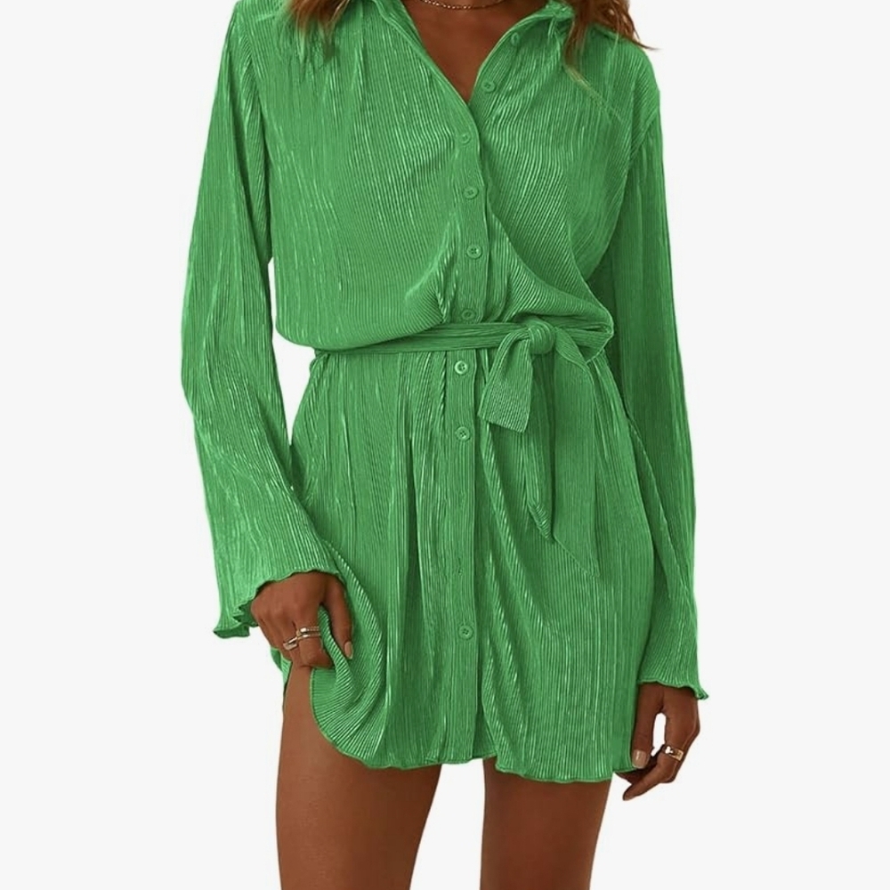 Vibrant Green Button-Up Shirt Dress